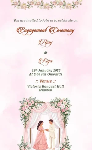 Minimal Floral Engagement Invitation Card English with pastel flowers and elegant couple illustration EICE-008