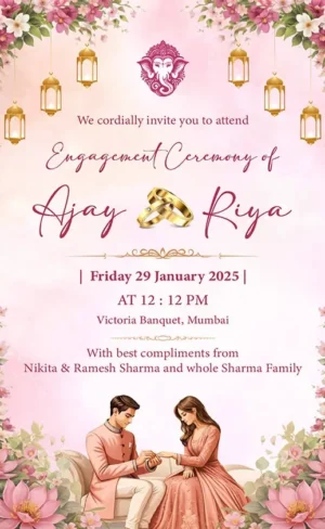 Floral Ring Ceremony Invitation Card English with pink flower theme and engagement rings EICE-006