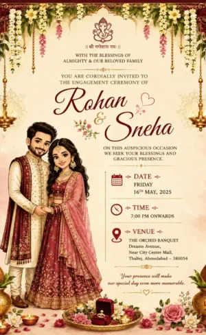 Traditional Couple Engagement Invitation Card English with Lord Ganesha and Hindu Ring Ceremony theme EICE-007