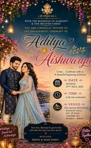 Royal Couple Engagement Invitation Card English with romantic evening theme and luxury floral decoration EICE-009