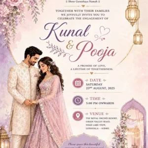 Luxury Floral Engagement Invitation Card English featuring a romantic couple illustration with elegant floral decorations EICE-010