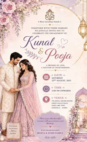 Luxury Floral Engagement Invitation Card English featuring a romantic couple illustration with elegant floral decorations EICE-010