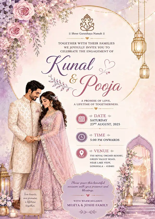 Luxury Floral Engagement Invitation Card English featuring a romantic couple illustration with elegant floral decorations EICE-010