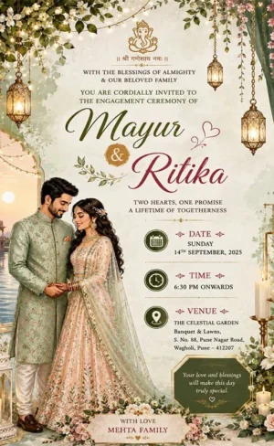 Premium Floral Engagement Invitation Card English featuring a romantic couple illustration with elegant floral decorations EICE11