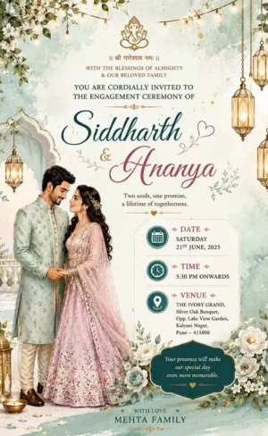 Premium Floral Engagement Invitation Card English | Elegant Couple Ring Ceremony Invitation | EICE-012