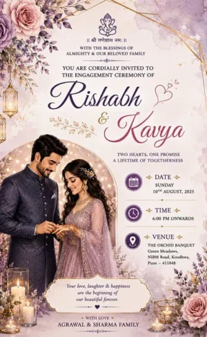 Royal Lavender Engagement Invitation Card English featuring a romantic couple illustration with elegant lavender floral decorations EICE13