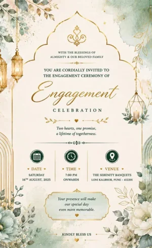 Elegant Sage Green Engagement Invitation Card English with floral design, hanging lanterns, and premium minimalist layout EICE14