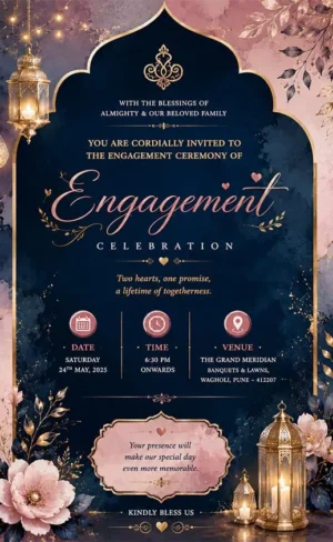 Royal Navy Blue Engagement Invitation Card English with floral decorations, hanging lanterns, elegant gold accents, and premium digital invitation design EICE15