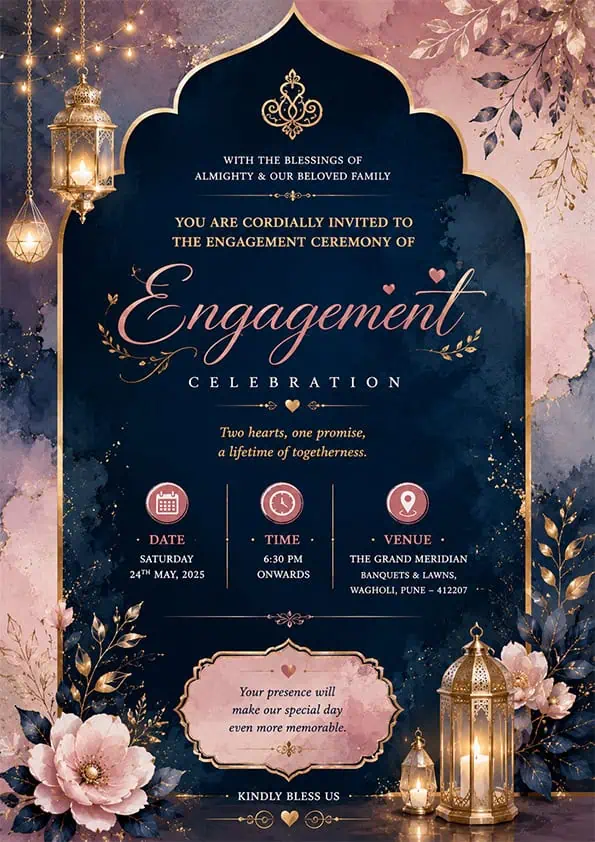 Royal Navy Blue Engagement Invitation Card English with floral decorations, hanging lanterns, elegant gold accents, and premium digital invitation design EICE15