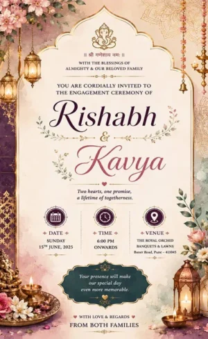 Elegant Floral Engagement Invitation Card English with pastel flowers, Lord Ganesha, decorative lanterns, and premium traditional wedding invitation design EICE16