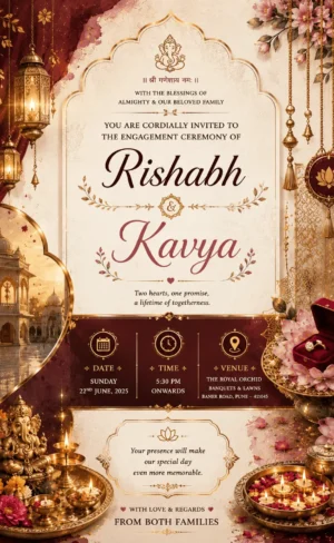Royal Maroon Engagement Invitation Card English featuring Lord Ganesha, floral decorations, engagement ring box, lanterns, and luxurious traditional design EICE17
