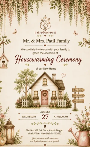 Floral Cottage House Warming Invitation Card for New Home Ceremony in English HWICE-13