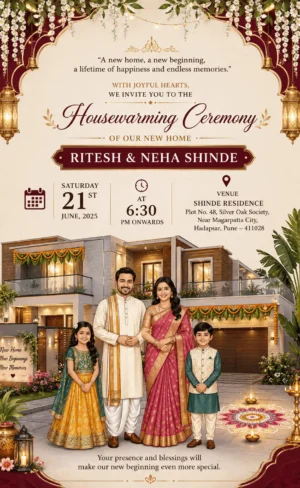 Traditional Family House Warming Invitation Card with Family Photo for Griha Pravesh and New Home Celebration HWICE-16
