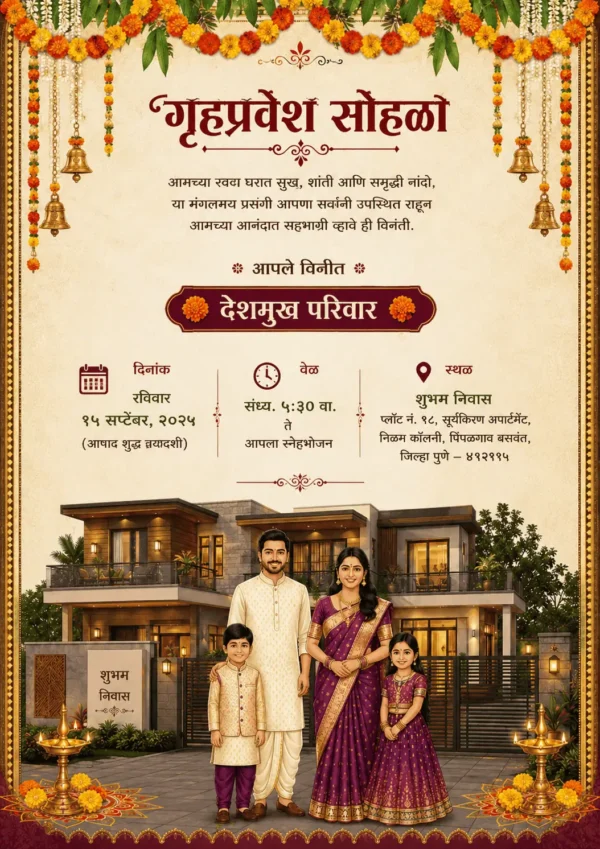 Traditional Marathi Griha Pravesh Invitation Card for Vastu Shanti and House Warming Ceremony HWICM-18