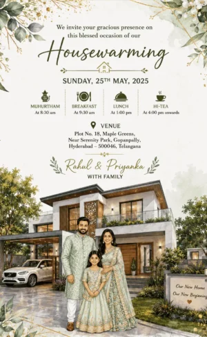 Elegant Family House Warming Invitation Card with Family Photo for New Home Celebration HWICE-19