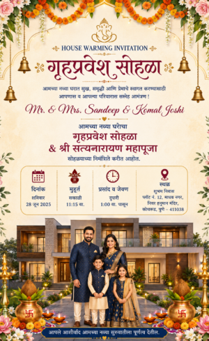 Traditional Marathi House Warming and Satyanarayan Pooja Invitation Card with Family Photo