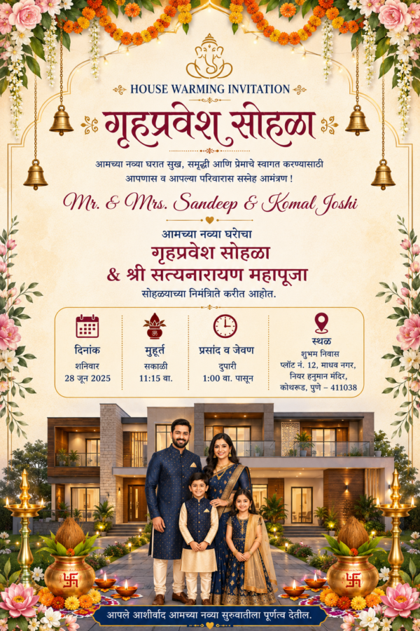 Traditional Marathi House Warming and Satyanarayan Pooja Invitation Card with Family Photo