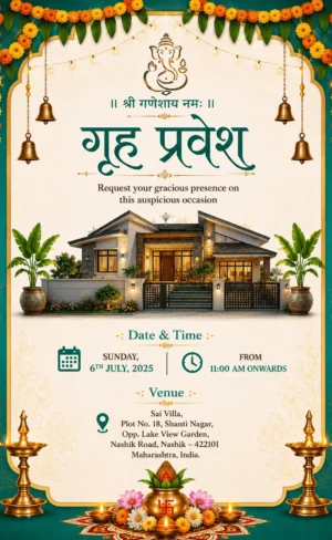 Traditional Gruh Pravesh Invitation Card with Lord Ganesha for Hindu House Warming Ceremony