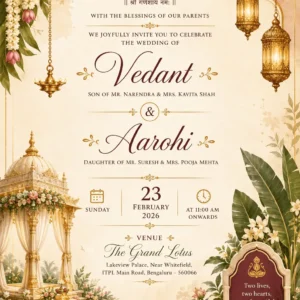 Luxury floral wedding invitation card English with Ganesh, wedding mandap, lotus flowers and golden lanterns