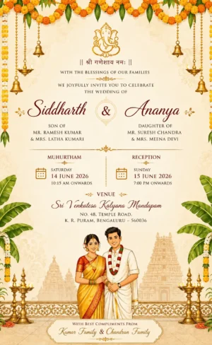 Traditional South Indian wedding invitation card English with marigold garlands, Ganesh and bride groom illustration
