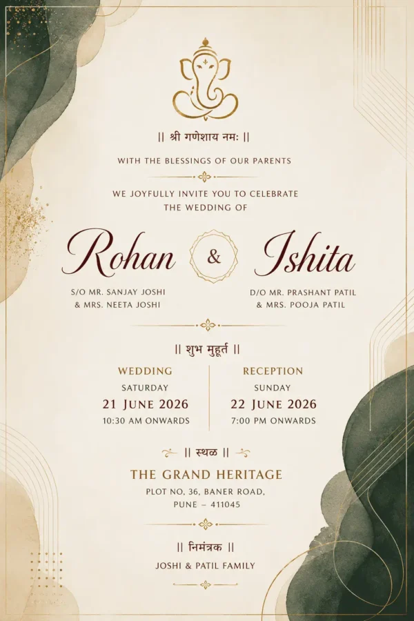 Minimalist luxury wedding invitation card English with green botanical leaves, gold accents and Ganesh