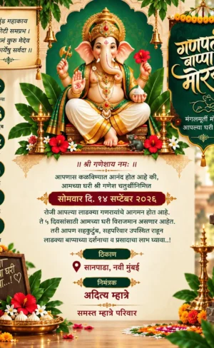Traditional Ganesh Chaturthi invitation card in Marathi with Lord Ganesha, marigold flowers and diyas