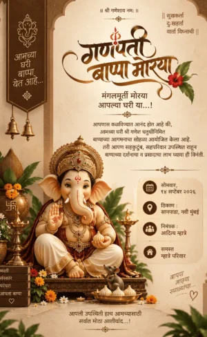 Traditional Marathi Ganesh Chaturthi invitation card with Lord Ganesha and diyas