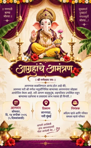 Royal Marathi Ganesh Chaturthi invitation card with Lord Ganesha and marigold decorations
