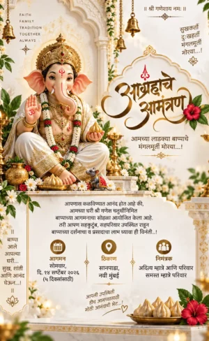 Elegant Marathi Ganesh Chaturthi invitation card with Lord Ganesha and floral décor