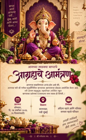 Royal purple Marathi Ganesh Chaturthi invitation card with Lord Ganesha and traditional diyas