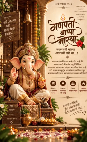 Traditional Marathi Ganesh Chaturthi invitation card with Lord Ganesha, diyas and temple décor