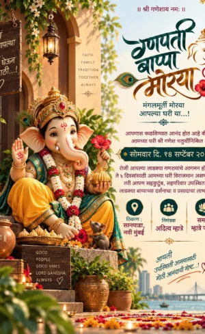 Marathi Ganesh Chaturthi invitation card with Lord Ganesha, flowers, diyas and traditional décor
