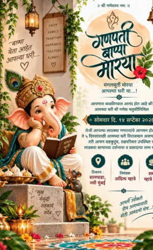 Marathi Ganesh Chaturthi invitation card with Lord Ganesha, diyas, bells and traditional home décor