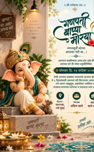 Marathi Ganesh Chaturthi invitation card with Lord Ganesha, diyas, flowers and traditional décor