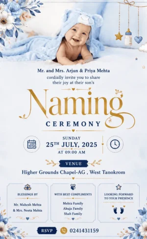 Naming Ceremony Invitation Card English with baby boy and blue floral design