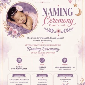 Naming Ceremony Invitation Card English with baby girl and lavender floral design