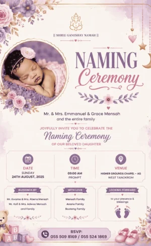 Naming Ceremony Invitation Card English with baby girl and lavender floral design