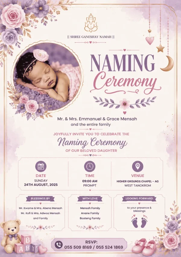 Naming Ceremony Invitation Card English with baby girl and lavender floral design