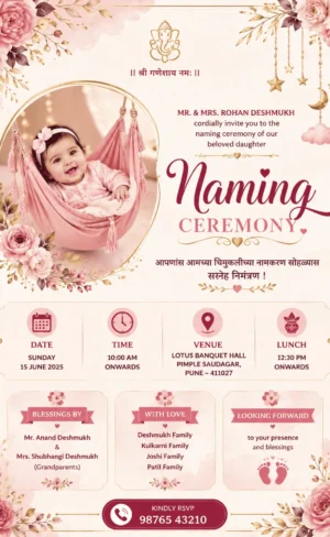 Naming Ceremony Invitation Card English with baby girl pink floral design