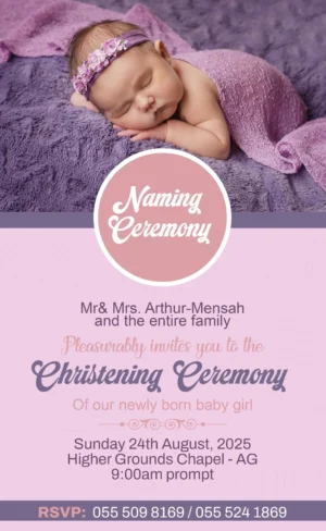 Naming Ceremony Invitation Card English baby girl lavender pink design