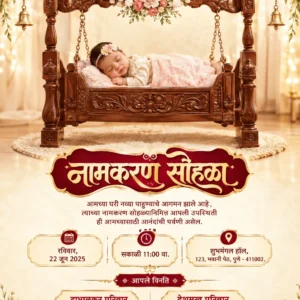 Naming Ceremony Invitation Card Marathi with sleeping baby in traditional wooden cradle