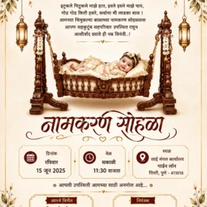 Naming Ceremony Invitation Card Marathi with baby girl in traditional wooden cradle