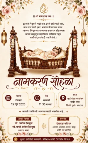 Naming Ceremony Invitation Card Marathi with baby girl in traditional wooden cradle