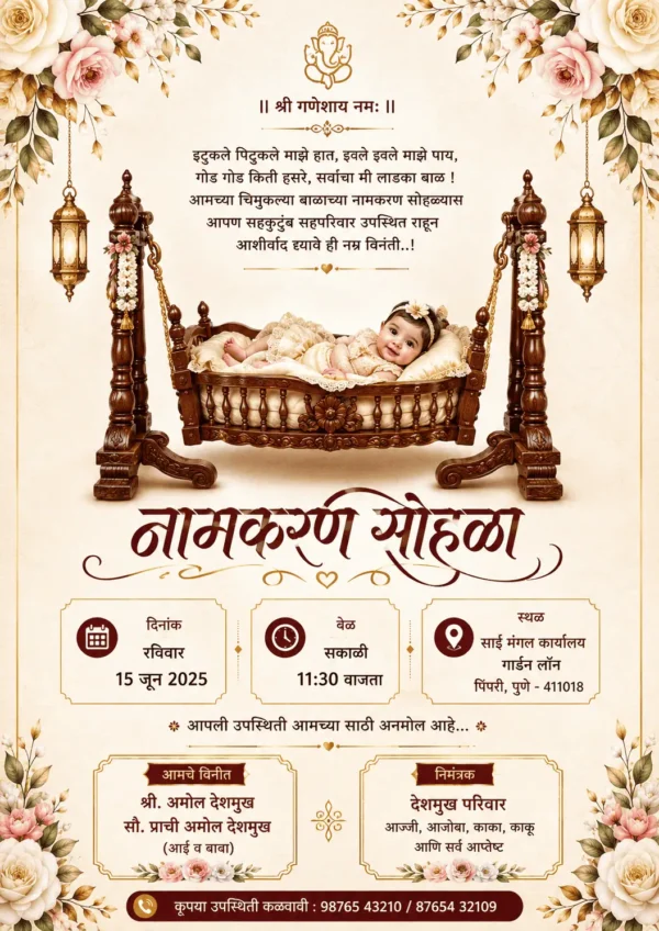 Naming Ceremony Invitation Card Marathi with baby girl in traditional wooden cradle