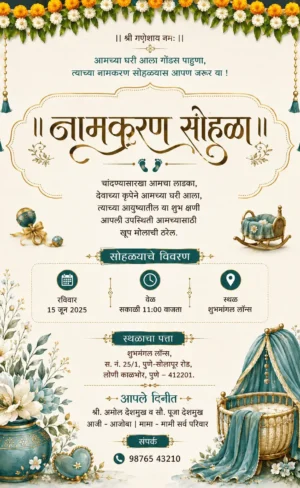 Marathi Naming Ceremony Invitation Card with traditional baby cradle