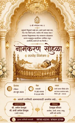 Luxury Naming Ceremony Invitation Card Marathi with sleeping baby in golden cradle