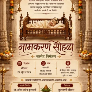 Traditional Naming Ceremony Invitation Card Marathi with baby cradle and temple theme