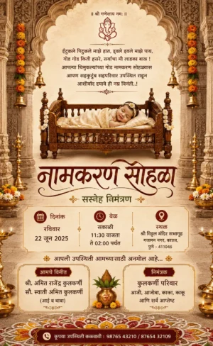 Traditional Naming Ceremony Invitation Card Marathi with baby cradle and temple theme