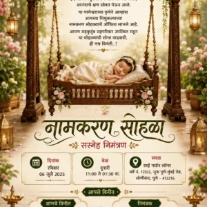 Naming Ceremony Invitation Card Marathi with sleeping baby in floral wooden cradle