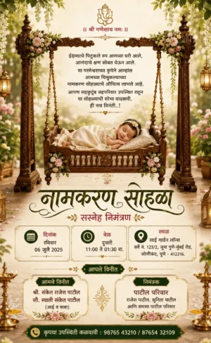 Naming Ceremony Invitation Card Marathi with sleeping baby in floral wooden cradle